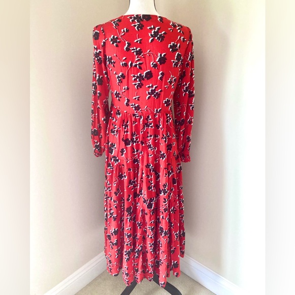 Zara Angel Red Floral Tiered Skirt Long Puff Sleeves Maxi Dress Size S - Picture 7 of 12